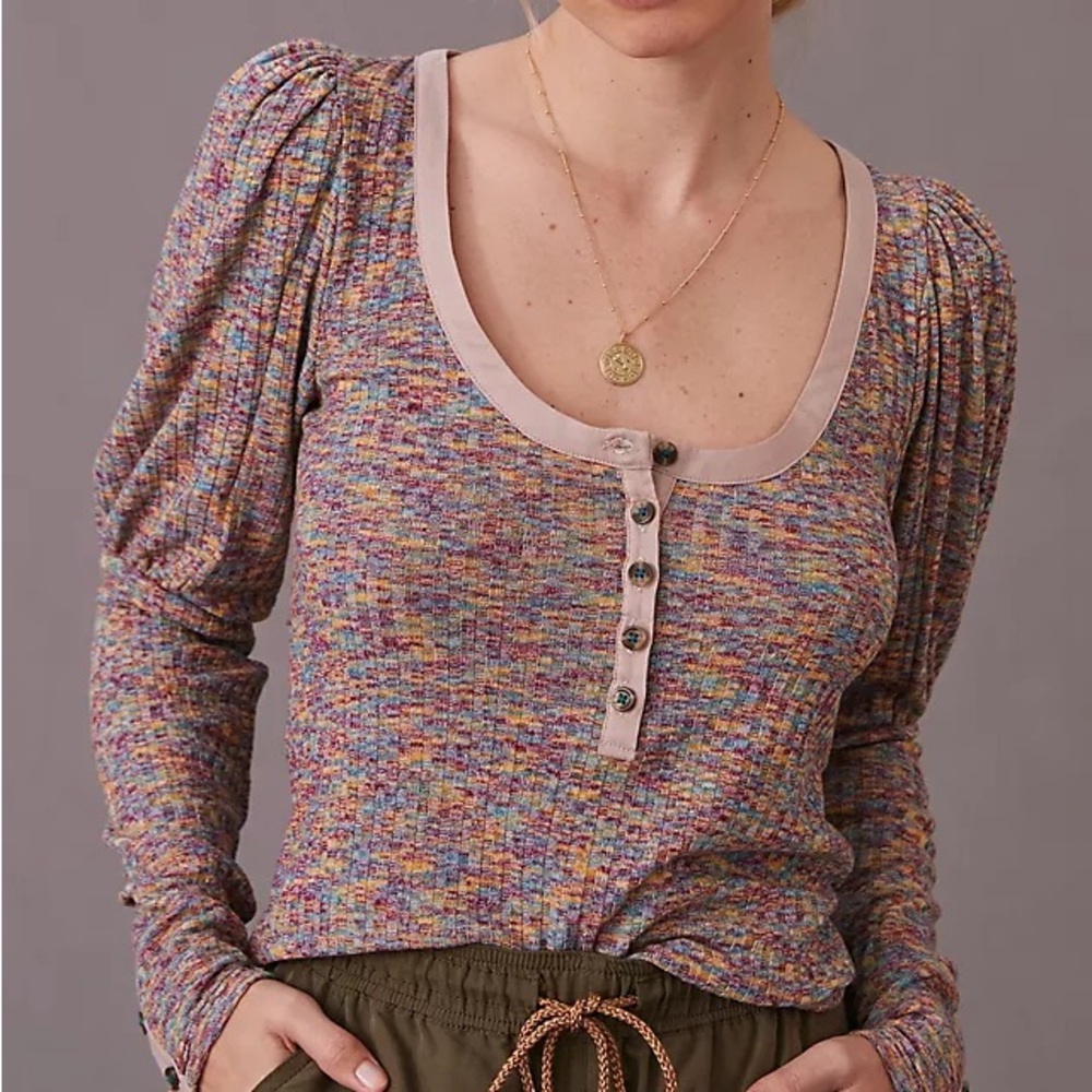 Anthropologie puff sleeve knit Henley top size small